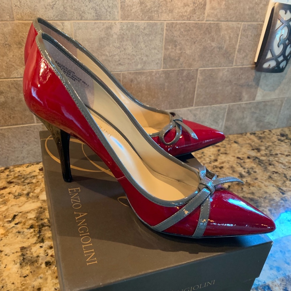 Red and grey patent heels